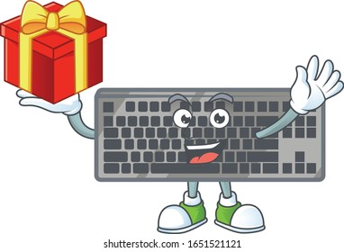 cartoon character of black keyboard with a box of gift