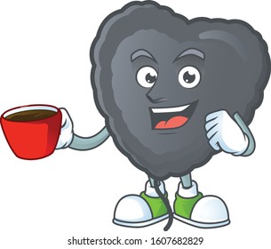 cartoon character of black love balloon with a cup of coffee
