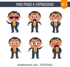 Cartoon character of a black man in different poses. Isolated on white background. Body gestures and facial expressions. Set 2 of 8.