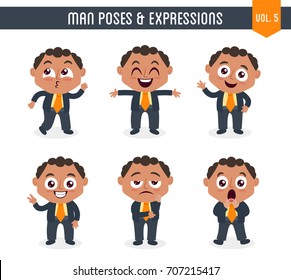 Cartoon character of a black man in different poses. Isolated on white background. Body gestures and facial expressions. Set 5 of 8.