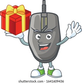 cartoon character of black mouse with a box of gift