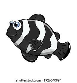 Cartoon character black sea fish isolated on white background. Tropical underwater aquatic creature. Template of ocean fish. Education card for kids learning animals. Vector design in cartoon style