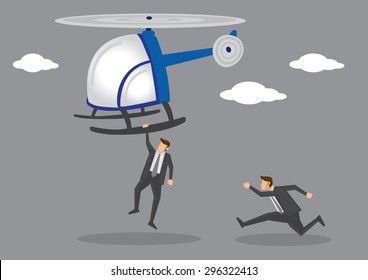 Cartoon character in black suit hanging dangerously on the landing skid of a helicopter taking off and his partner running to catch up. Vector illustration on fast speed action chase scene.