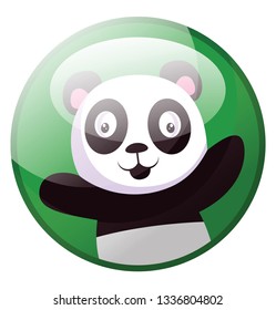 Cartoon character of black and white panda with arms wide open vector illustration in green circle on white background.