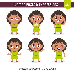 Cartoon character of a black woman in different poses. Isolated on white background. Body gestures and facial expressions. Set 3 of 8.