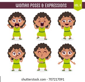 Cartoon character of a black woman in different poses. Isolated on white background. Body gestures and facial expressions. Set 6 of 8.