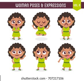 Cartoon character of a black woman in different poses. Isolated on white background. Body gestures and facial expressions. Set 8 of 8.