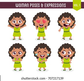 Cartoon character of a black woman in different poses. Isolated on white background. Body gestures and facial expressions. Set 1 of 8.