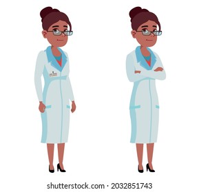 Cartoon character black woman medic. Dark-skinned female  doctor in various poses