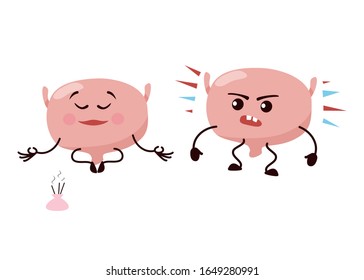 Cartoon character bladder. Cute man internal organ angry and calm in yoga pose, cartoon, animation. Vector illustration