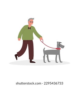 Cartoon character of blind senior man walking with dog. Healthy and active lifestyle. Happy old age. Leisure time with pet. Concept of true friendship. Vector
