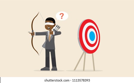 Cartoon character, Blindfolded African businessman shooting arrow., vector eps10
