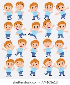 Cartoon character of a blond boy in jeans. Set with different postures, attitudes and poses, doing different activities in isolated vector illustrations.
