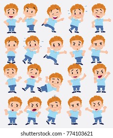 Cartoon character of a blond boy in jeans. Set with different postures, attitudes and poses, doing different activities in isolated vector illustrations.
