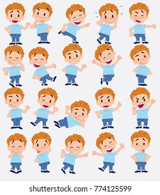 Cartoon character of a blond boy in jeans. Set with different postures, attitudes and poses, always in positive attitude, doing different activities in vector vector illustrations.
