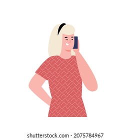 Cartoon character of blond young woman or teenage girl talking phone, flat vector illustration isolated on white background. Mobile connection and phone communication.