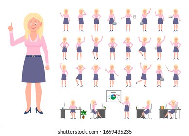Cartoon character blonde office business woman vector illustration. Flat style design worker female person poses set