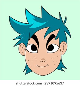 Cartoon character. Blue hair boy. Green Background. Vector illustration.