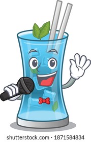 cartoon character of blue hawai cocktail sing a song with a microphone