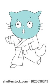 The cartoon character of a blue headed cat is practicing self defense and wearing a karate outfit with a gape facial expression