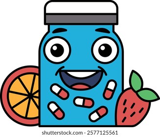 A cartoon character with a blue jar and a strawberry on it