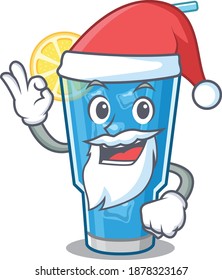 cartoon character of blue lagoon cocktail Santa having cute ok finger