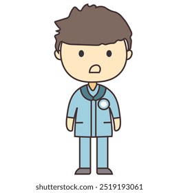 A cartoon character in a blue outfit, appearing surprised or shocked.