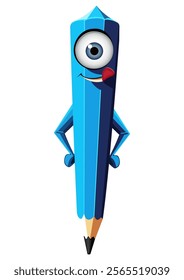 A cartoon character with a blue pencil and blue eyes. The pencil is smiling and has a red tongue sticking out