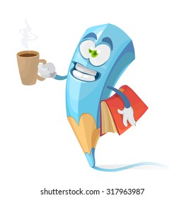 cartoon character blue pencil with a mug and a book