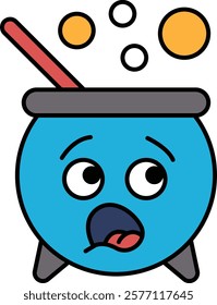 A cartoon character with a blue pot on its head and a straw sticking out of it