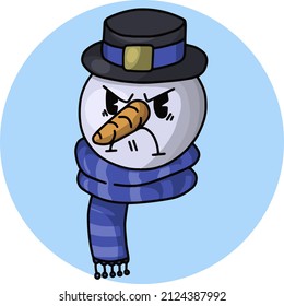 Caricatura en un pañuelo y sombrero azul, ofendido furioso, ilustración vectorial en un círculo, insignia, tarjeta