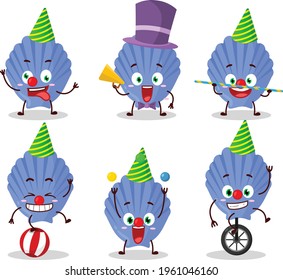 Cartoon character of blue shell with various circus shows