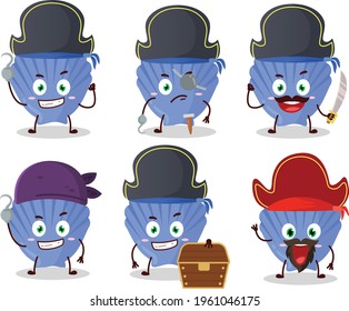 Cartoon character of blue shell with various pirates emoticons