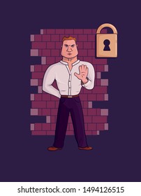 Cartoon Character - Bodyguard (Security). Darken illustration for nightclub guardian. Wall background. Vector Illustration