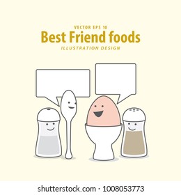 Cartoon character of  Boiled egg, Spoon, Pepper bottle & Salt bottle illustration vector on pale yellow background. Best friend foods concept.