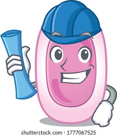 Cartoon character of bordetela pertussis brainy Architect with blue prints and blue helmet