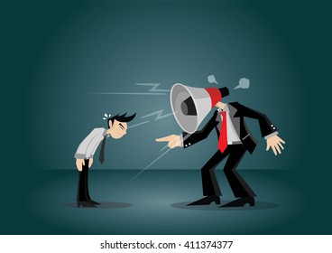 Cartoon character, Boss Head megaphone angry to businessman., vector eps10