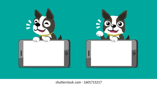 Cartoon character boston terrier dog and smartphones for design.