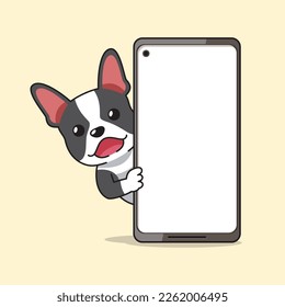 Caricatura de boston terrier dog y smartphone para diseño.