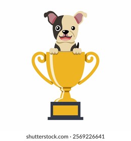 Cartoon character boston terrier dog with gold trophy cup award for design.