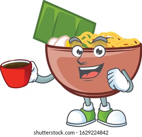 cartoon character of bowl of noodle with a cup of coffee