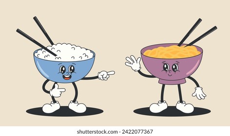 Cartoon character bowl rice meets girlfriend bowl of noodles. Retro Groovy style 60s, 70s. Vector illustration of EPS10.