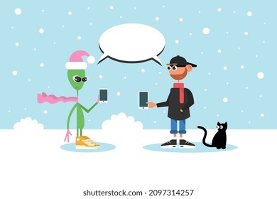 Cartoon character of a boy and an alien in the snow, using smartphones, a black cat and snowflakes, New Year's modern illustration in vector size.