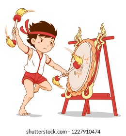 Cartoon character of Boy beating Thai Northern drum.