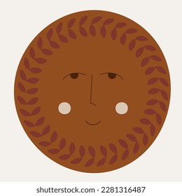 Cartoon character, boy bizarre face. Mascot design, joyful abstract face with leaves. Funny sticker, for kids, emoji face. Isolated on white
