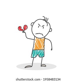 Cartoon character of a boy with a broken heart in his hand. Simple editable linear icon. Flat style