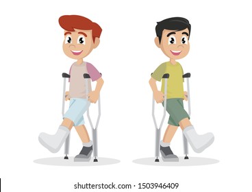 Cartoon Character, Boy With Broken Leg In Plaster., Vector Eps10