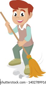 Cartoon character, boy with broom and garbage.,vector eps10