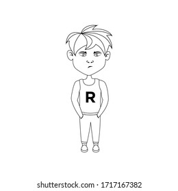 cartoon character boy .composed with a serious expression. in line style