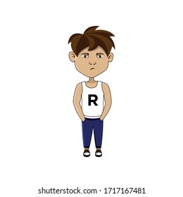 cartoon character boy .composed with a serious expression.